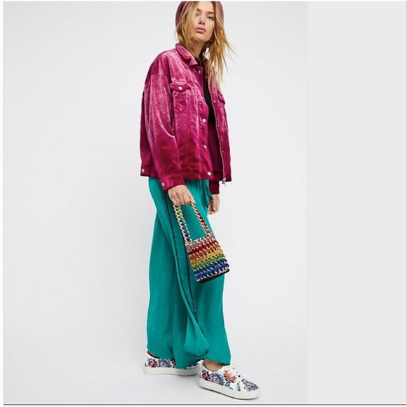 Free People Jackets & Blazers - Free People Velvet Trucker Jacket Magenta Pink M/L Retro Boho